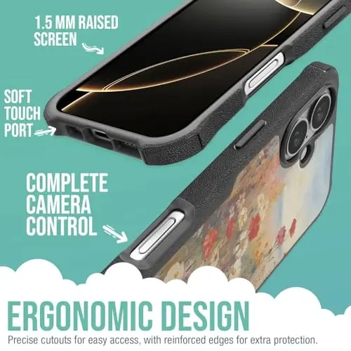 Smartish® iPhone 16 Plus uchun himoyalovchi magnit g'ilof - Gripzilla MagSafe bilan mos keladi [Mustahkam + Bardoshli] Og'ir yuk uchun mo'ljallangan yupqa korpus, tushishdan himoyalangan Apple iPhone 16 Plus uchun - Wildflower Fields - 3