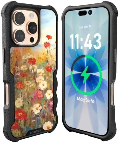 Smartish® iPhone 16 Pro Himoya Magnit G‘ilofi - MagSafe Bilan Mos Keluvchi Gripzilla [Mustahkam + Bardoshli] Og‘ir Yuk Ko‘taruvchi Zirhli Yupqa Qopqoq, Apple iPhone 16 Pro Uchun Tomchidan Himoya Sinovidan O‘tgan - Wildflower Fields 