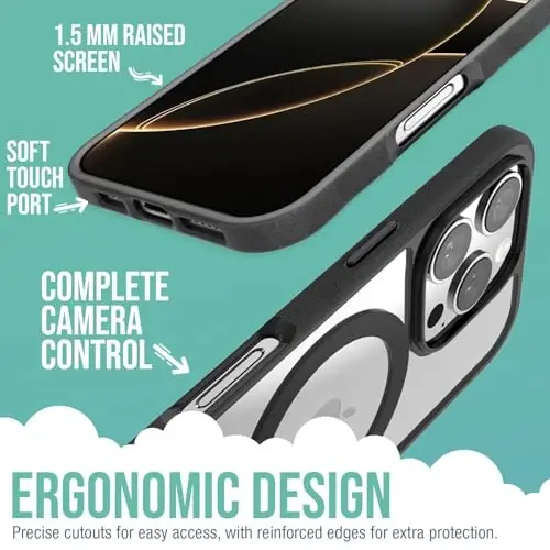 Smartish® iPhone 16 Pro Magnetic Case - Gripmunk MagSafe bilan mos [Yengil + Himoya] Apple iPhone 16 Pro uchun Microfiber Lining bilan ingichka va yupqa qopqoq - Clearly Black - 3