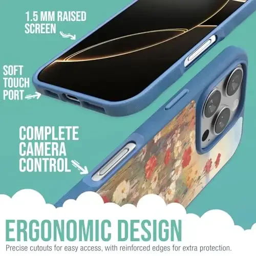 Smartish® iPhone 16 Pro magnitli g'ilofi - MagSafe bilan mos keluvchi Gripmunk [Yengil + Himoya] Yengil va ingichka tutqichli qopqoq Apple iPhone 16 Pro uchun mikrofiber astar bilan - Wildflower Fields - 3