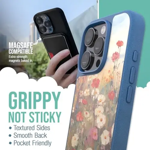 Smartish® iPhone 16 Pro Magnetic Case - Gripmunk Compatible with MagSafe [Lightweight + Protective] Slim & Thin Grip Cover with Microfiber Lining for Apple iPhone 16 Pro - Wildflower Fields - 2