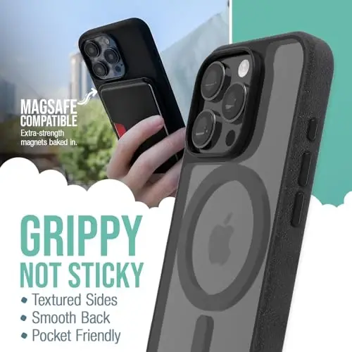 Smartish® iPhone 16 Pro Magnetic Case - Gripmunk Compatible with MagSafe [Lightweight + Protective] Slim & Thin Grip Cover with Microfiber Lining for Apple iPhone 16 Pro - Clearly Black - 2