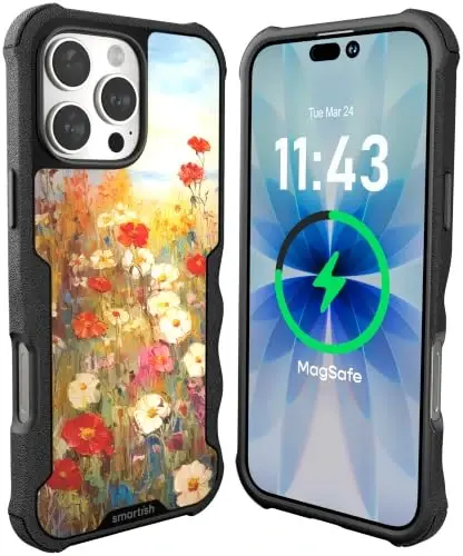 Smartish® iPhone 16 Pro Max Protective Magnetic Case - Gripzilla Compatible with MagSafe [Rugged + Tough] Heavy Duty Armor Cover Drop Tested Protection for Apple iPhone 16 Pro Max - Wildflower Fields - 1