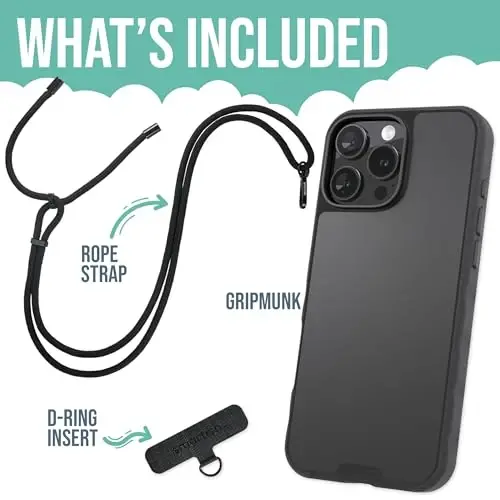 Smartish® iPhone 16 Pro Max MagSafe gʻilofi, Crossbody Lanyard Strap bilan - Gripmunk - [Yupqa + Himoya] Universal Yechiladigan Yelkali Boʻyinbogʻli Magnit Yupqa Gʻilof - Qora Galstuk - 2