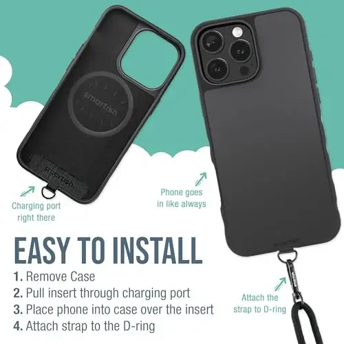 Smartish® iPhone 16 Pro Max MagSafe gʻilofi, Crossbody Lanyard Strap bilan - Gripmunk - [Yupqa + Himoya] Universal Yechiladigan Yelkali Boʻyinbogʻli Magnit Yupqa Gʻilof - Qora Galstuk - 4