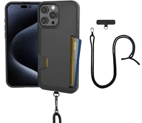 Smartish® iPhone 16 Pro Max Wallet Case with Crossbody Lanyard Strap - Wallet Slayer Vol. 1 - [Slim + Protective] Credit Card Holder with Universal Detachable Shoulder Neck Strap - Black Tie Affair - 1