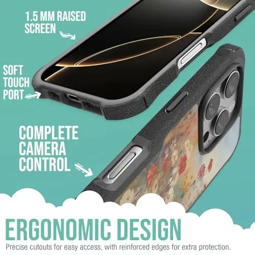 Smartish® iPhone 16 Pro Protective Magnetic Case - Gripzilla Compatible with MagSafe [Rugged + Tough] Heavy Duty Armor Slim Cover w/Drop Tested Protection for Apple iPhone 16 Pro - Wildflower Fields - 3