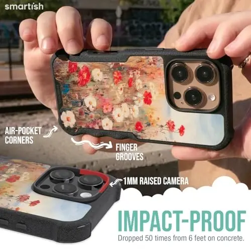 Smartish® iPhone 16 Pro Protective Magnetic Case - Gripzilla Compatible with MagSafe [Rugged + Tough] Heavy Duty Armor Slim Cover w/Drop Tested Protection for Apple iPhone 16 Pro - Wildflower Fields - 4