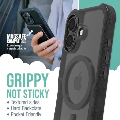 Smartish® iPhone 16 Protective Magnetic Case - Gripzilla Compatible with MagSafe [Rugged + Tough] Heavy Duty Grip Armored Slim Cover w/Drop Tested Protection for Apple iPhone 16 - Clearly Black - 2