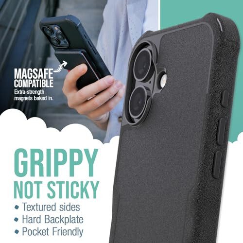 Smartish® iPhone 16 Защитный магнитный чехол - Gripzilla, совместимый с MagSafe [прочный и надежный] Прочный чехол с ручкой, бронированный, тонкий с защитой от падения для Apple iPhone 16 - Black Tie Affair - 2