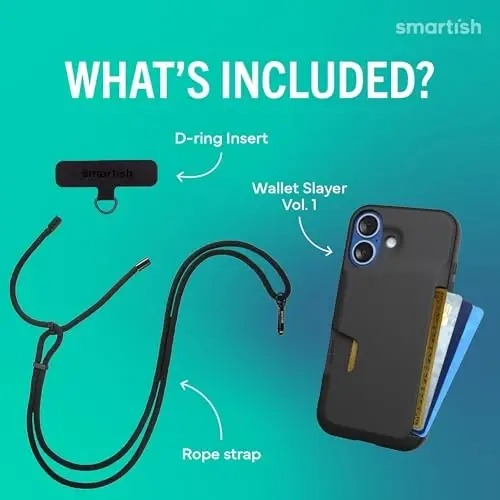 Smartish® iPhone 17 Wallet Case + Crossbody Lanyard Strap - [Slim + Protective] Phone Case Credit Card Holder + Universal Detachable Shoulder Neck Strap for Apple iPhone 17 - Black Tie Affair - 2