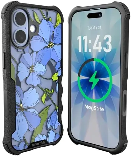 Smartish® iPhone 17 MagSafe Case - Erkaklar uchun Gripzilla himoya magnit g‘ilofi [Mustahkam + Bardoshli] Harbiy darajadagi og‘ir vaznli zirh - Apple iPhone 17 uchun sinovdan o‘tgan - Moviy gullar - SMARTISH