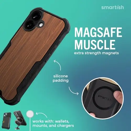 Smartish® iPhone 17 MagSafe G‘ilof - Erkaklar uchun Gripzilla Himoya Magnit G‘ilof - [Mustahkam + Bardoshli] Harbiy darajadagi og‘ir vaznli tutqich zirhi - iPhone 17 uchun sinovdan o‘tgan - Walnut Woods 
