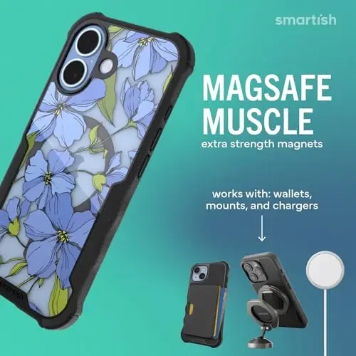 Smartish® iPhone 17 MagSafe G‘ilofi - Erkaklar uchun Gripzilla Himoya Magnetli G‘ilofi [Mustahkam + Bardoshli] Harbiy Darajadagi Og‘ir Yukga Chidamli Grip Armor - Apple iPhone 17 uchun Yiqilish Sinovidan O‘tgan - Blue Blossoms - 3
