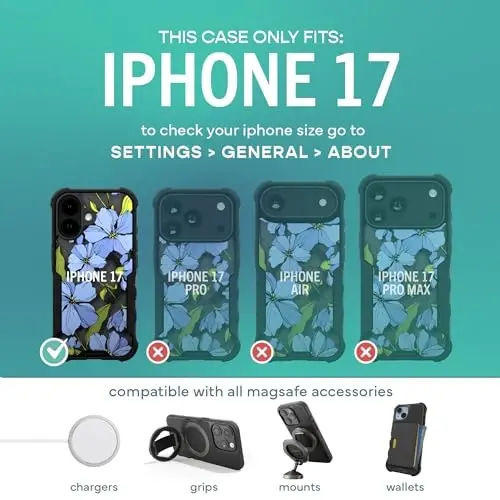 Smartish® iPhone 17 MagSafe G‘ilofi - Erkaklar uchun Gripzilla Himoya Magnetli G‘ilofi [Mustahkam + Bardoshli] Harbiy Darajadagi Og‘ir Yukga Chidamli Grip Armor - Apple iPhone 17 uchun Yiqilish Sinovidan O‘tgan - Blue Blossoms - 5