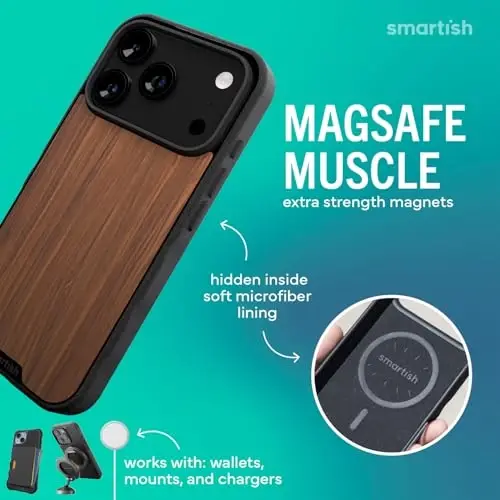 Smartish® iPhone 17 Pro MagSafe Case - Gripmunk Magnetic Slim Case [Lightweight + Protective] Thin Grip Cover with Microfiber Lining for Apple iPhone 17 Pro - Walnut Woods - 2