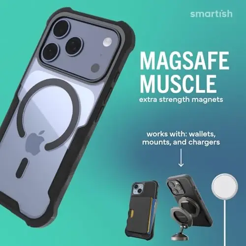 Smartish® iPhone 17 Pro MagSafe Case - Gripzilla Protective Magnetic Case for Men [Rugged + Tough] Military Grade Heavy Duty Grip Armor - Drop Tested for Apple iPhone 17 Pro - Clearly Black - 3