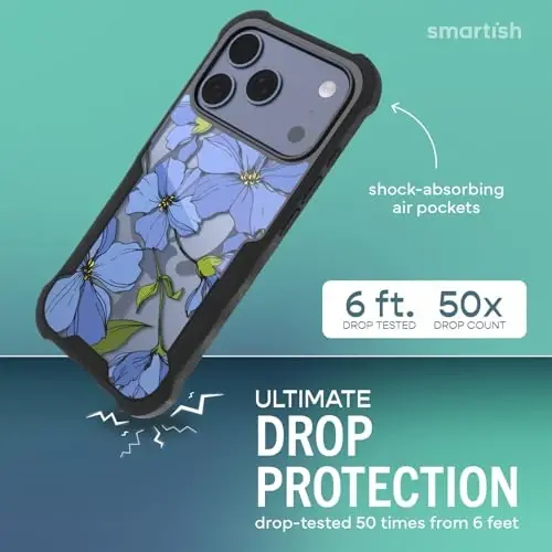 Smartish® iPhone 17 Pro MagSafe G‘ilofi - Erkaklar uchun Gripzilla Himoya Magnit G‘ilofi [Mustahkam + Bardoshli] Harbiy darajadagi og‘ir vaznli tutqichli zirh - Apple iPhone 17 Pro uchun tushish sinovidan o‘tgan - Moviy gullar - 1
