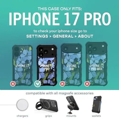 Smartish® iPhone 17 Pro MagSafe G‘ilofi - Erkaklar uchun Gripzilla Himoya Magnit G‘ilofi [Mustahkam + Bardoshli] Harbiy darajadagi og‘ir vaznli tutqichli zirh - Apple iPhone 17 Pro uchun tushish sinovidan o‘tgan - Moviy gullar - 4