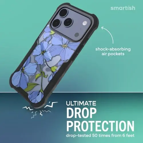 Smartish® iPhone 17 Pro MagSafe G‘ilofi - Erkaklar uchun Gripzilla Himoya Magnit G‘ilofi [Mustahkam + Bardoshli] Harbiy Darajadagi Og‘ir Yukga Chidamli Tutqichli Zirh - Apple iPhone 17 Pro uchun Tushish Sinovidan O‘tgan - Blue Blossoms - SMARTISH (1)