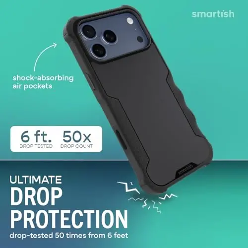 Smartish® iPhone 17 Pro Max MagSafe g‘ilofi - Erkaklar uchun Gripzilla himoya magnit g‘ilofi [Mustahkam + Bardoshli] Harbiy darajadagi og‘ir yukga mo‘ljallangan tutqichli zirh - iPhone 17 Pro Max uchun tushish sinovidan o‘tgan - Qora rangli uslub - SMARTISH (1)