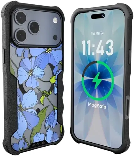 Smartish® iPhone 17 Pro Max MagSafe g‘ilofi - Erkaklar uchun Gripzilla himoya magnitli g‘ilofi [Mustahkam + Bardoshli] Harbiy darajadagi og‘ir yuk uchun mo‘ljallangan tutqichli zirh - Apple iPhone 17 Pro Max uchun tushish sinovidan o‘tgan - Moviy gullar 