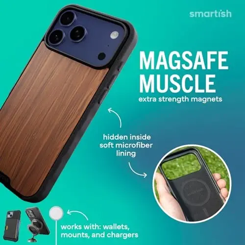 Smartish® iPhone 17 Pro Max MagSafe G‘ilofi - Gripmunk Magnetic Slim G‘ilofi [Yengil + Himoyalovchi] Apple iPhone 17 Pro Max uchun mikrofiber qoplamali ingichka tutqichli g‘ilof - Walnut Woods - 3