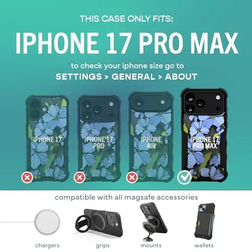 Smartish® iPhone 17 Pro Max MagSafe Kılıf - Erkekler için Gripzilla Koruyucu Manyetik Kılıf [Sağlam + Dayanıklı] Askeri Sınıf Ağır Hizmet Tipi Zırh - Apple iPhone 17 Pro Max için Düşme Testinden Geçmiş - Mavi Çiçekler - 5