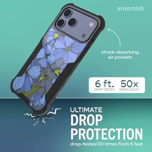 Smartish® iPhone 17 Pro Max MagSafe Kılıf - Erkekler için Gripzilla Koruyucu Manyetik Kılıf [Sağlam + Dayanıklı] Askeri Sınıf Ağır Hizmet Tipi Zırh - Apple iPhone 17 Pro Max için Düşme Testinden Geçmiş - Mavi Çiçekler - 2