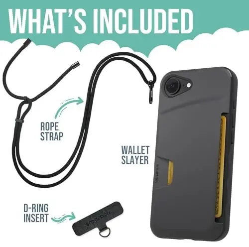 Smartish® iPhone 17e/16e Wallet Case with Crossbody Lanyard Strap - Wallet Slayer Vol. 1 - [Slim + Protective] Credit Card Holder with Universal Detachable Shoulder Neck Strap - Black Tie Affair - 3