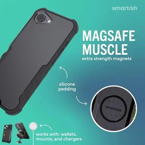 Smartish® iPhone 17e/16e MagSafe Case with Crossbody Lanyard Strap - Gripzilla - [Slim + Protective] Magnetic Armor Case with Universal Detachable Shoulder Neck Strap - Black Tie Affair - 4