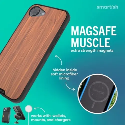Smartish® iPhone 17e/16e MagSafe Case - Gripmunk Magnetic Slim Case [Lightweight + Protective] Drop Tested Thin Grip Cover with Microfiber Lining for Apple iPhone 17e/16e - Walnut Woods - 3