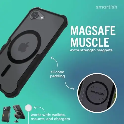 Smartish® iPhone 17e/16e MagSafe ğılafi - Erkaklar uchun Gripzilla himoya magnitli ğılafi [Mustahkam + Bardoshli] Harbiy darajadagi og'ir yukli tutqichli zirh - iPhone 17e/16e uchun tushish sinovidan o'tgan - Qora rangda - 3