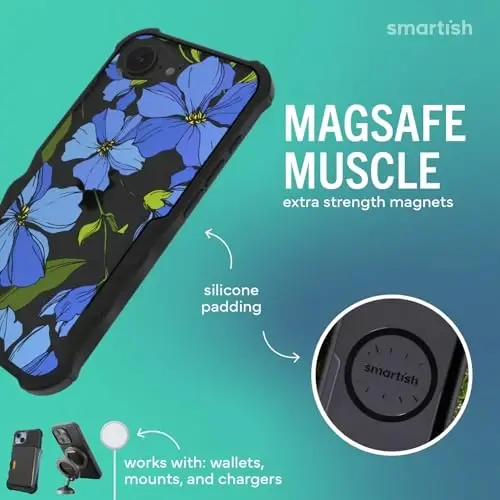 Smartish® iPhone 17e/16e MagSafe G‘ilofi - Erkaklar uchun Gripzilla himoya magnit g‘ilofi [Mustahkam + Bardoshli] Harbiy darajadagi og‘ir yuk uchun mo‘ljallangan tutqichli zirh - iPhone 17e/16e uchun tushish sinovidan o‘tgan - Blue Blossoms - 3