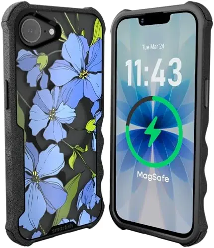 Smartish® iPhone 17e/16e MagSafe Case - Gripzilla Protective Magnetic Case for Men [Rugged + Tough] Military Grade Heavy Duty Grip Armor - Drop Tested for iPhone 17e/16e - Blue Blossoms - 1