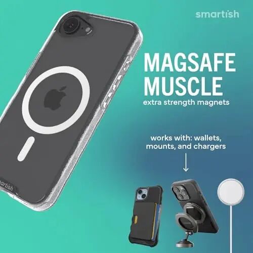 Smartish® iPhone 17e/16e MagSafe Clear Case + Crossbody Lanyard Strap - Magnetic Slim Case - Anti-Yellow Thin Grip Cover + Detachable Shoulder Neck Strap for Apple iPhone 17e/16e - Clearly Clear - 2