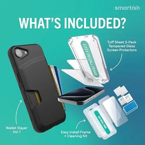 Smartish® iPhone 17e/16e Wallet Case + Screen Protector - [Slim + Protective] Phone Case Credit Card Holder + 2-Pack Tempered Glass Screen Protectors for Apple iPhone 17e/16e - Black Tie Affair - 2