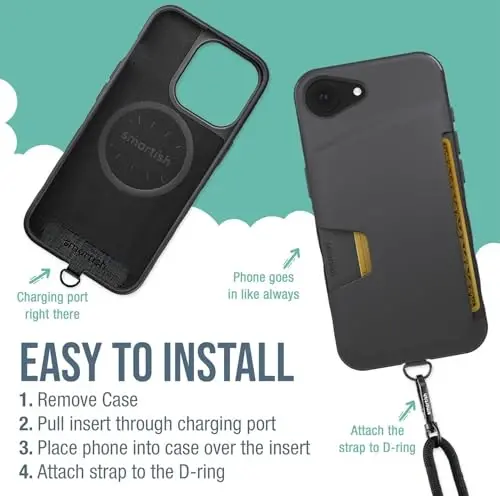 Smartish® iPhone 17e/16e Wallet Case with Crossbody Lanyard Strap - Wallet Slayer Vol. 1 - [Slim + Protective] Credit Card Holder with Universal Detachable Shoulder Neck Strap - Black Tie Affair - 4