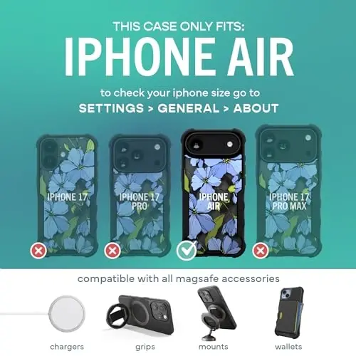 Smartish® iPhone Air MagSafe Kılıf - Erkekler için Gripzilla Koruyucu Manyetik Kılıf [Sağlam + Dayanıklı] Askeri Sınıf Ağır Hizmet Tipi Zırh - Apple iPhone Air için Düşme Testinden Geçmiş - Mavi Çiçekler - 5