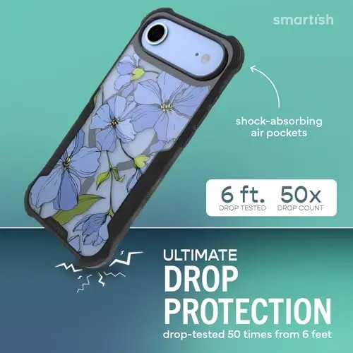 Smartish® iPhone Air MagSafe Kılıf - Erkekler için Gripzilla Koruyucu Manyetik Kılıf [Sağlam + Dayanıklı] Askeri Sınıf Ağır Hizmet Tipi Zırh - Apple iPhone Air için Düşme Testinden Geçmiş - Mavi Çiçekler - 2