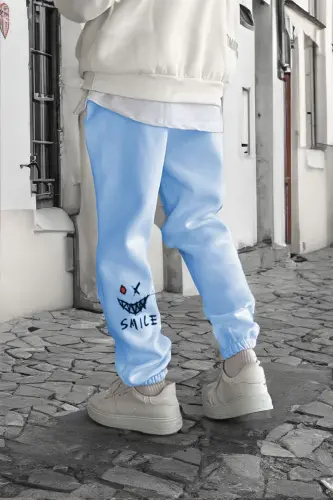 Smile Face Bebe Mavisi Jogger Ince Eşofman Altı - Paça Baskı Detaylı Lastik Paça Baskılı Rahat Tarz - Bebe Mavisi - 1