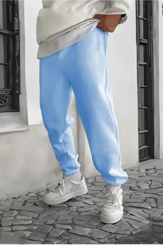 Smile Face Bebe Mavisi Jogger Ince Eşofman Altı - Paça Baskı Detaylı Lastik Paça Baskılı Rahat Tarz - Bebe Mavisi - DUBU BUTİK (1)