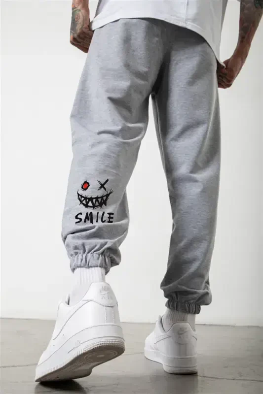 Smile Face Gri Jogger Ince Eşofman Altı - Paça Baskı Detaylı Lastik Paça Baskılı Rahat Tarz-Gri - DUBU BUTİK