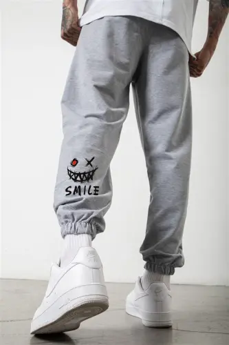 Smile Face Gri Jogger Ince Eşofman Altı - Paça Baskı Detaylı Lastik Paça Baskılı Rahat Tarz-Gri 