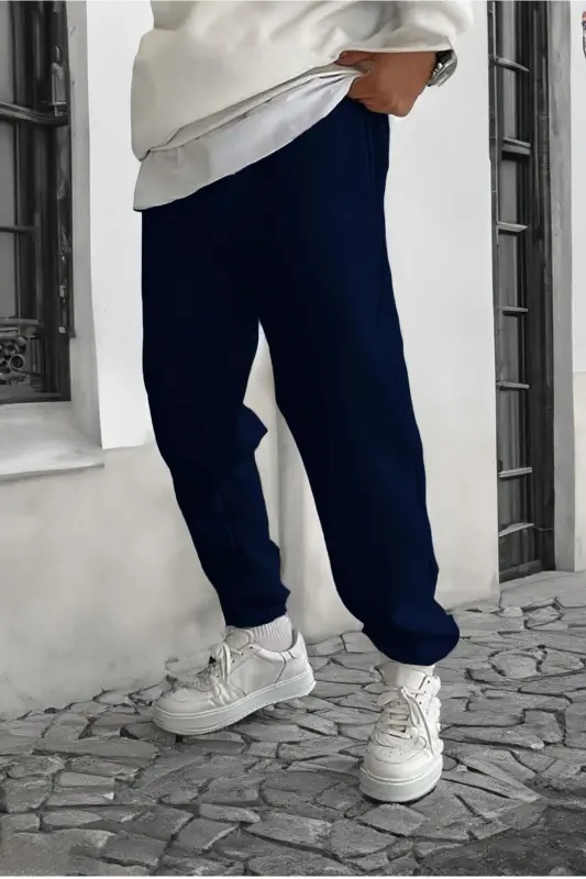 Smile Face Lacivert Jogger Ince Eşofman Altı - Paça Baskı Detaylı Lastik Paça Baskılı Rahat Tarz - Lacivert - 1