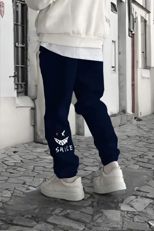 Smile Face Lacivert Jogger Ince Eşofman Altı - Paça Baskı Detaylı Lastik Paça Baskılı Rahat Tarz - Lacivert - 2