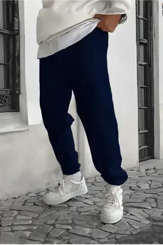 Smile Face Navy Jogger Thin Sweatpants - Elastic Hem Printed Comfortable Style-Navy - 1