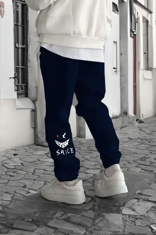 Smile Face Navy Jogger Thin Sweatpants - Elastic Hem Printed Comfortable Style-Navy - 2