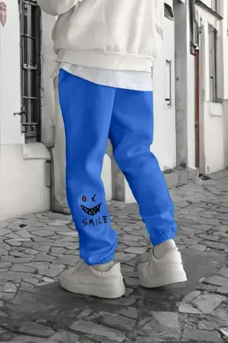 Smile Face Sax Blue Jogger Slim Sweatpants - Elastic Hem Printed Comfortable Style with Leg Print Detail - Sax Blue - 1