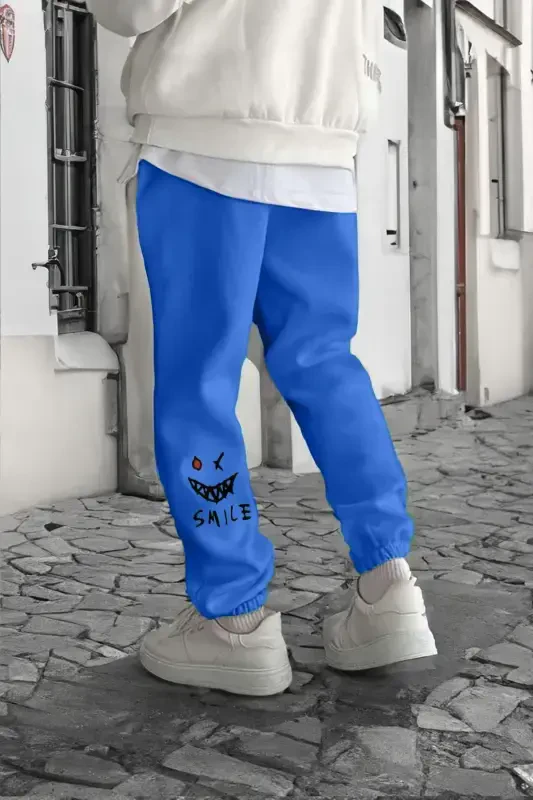 Smile Face Sax Blue Jogger Slim Sweatpants - Elastic Hem Printed Comfortable Style with Leg Print Detail - Sax Blue - DUBU BUTİK